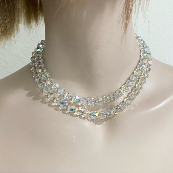 Vintage Unsigned Aurora Borealis Double Strand Statement Necklace & Earrings Set - Picture 2 of 13